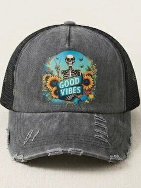 Women's Distressed "Good Vibes" Baseball Cap (Handmade)